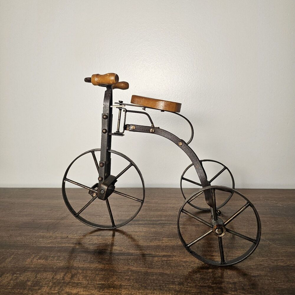 Vintage Metal & Wood Miniature Tricycle Rustic Farmhouse Decor Bike